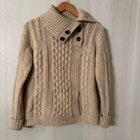 Vintage By Pops Women's Ivory Wool Cable Knit Button Up Collar Pull Over Sweater - Picture 14 of 14